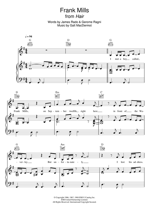Preview Galt MacDermot Frank Mills (from 'Hair') Musicals sheet music, notes and chords for Easy Piano, SKU: 121399 sheet music, piano notes, chords, guitar tabs, score, transpose, transcribe, how to play, guide, download, learn, tutorial, progression, song, artist, awards, billboard, mtv, vh1, tour, single, album, release