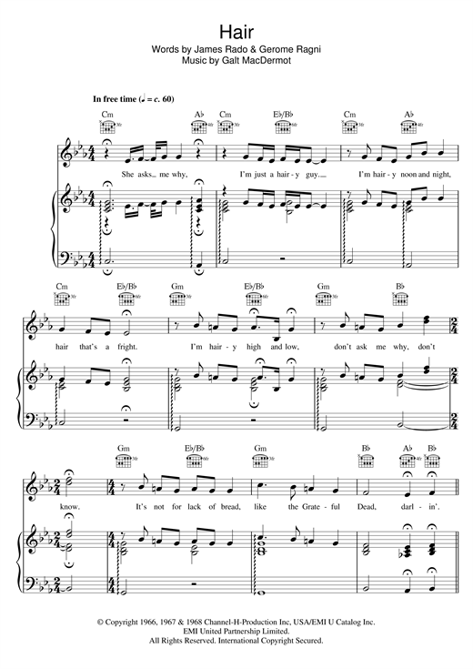 Preview Galt MacDermot Hair (from 'Hair') Musicals sheet music, notes and chords for Easy Piano, SKU: 121398 sheet music, piano notes, chords, guitar tabs, score, transpose, transcribe, how to play, guide, download, learn, tutorial, progression, song, artist, awards, billboard, mtv, vh1, tour, single, album, release
