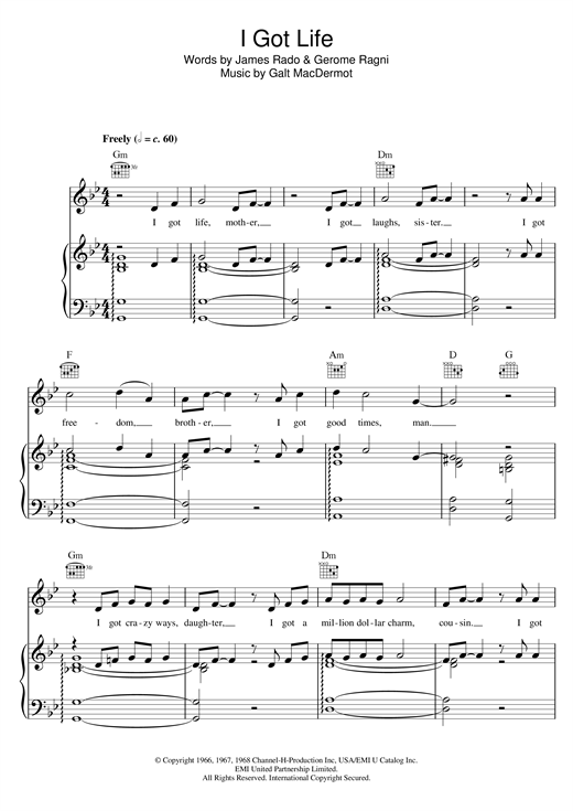 Preview Galt MacDermot I Got Life (from 'Hair') Musicals sheet music, notes and chords for Piano, Vocal & Guitar, SKU: 120849 sheet music, piano notes, chords, guitar tabs, score, transpose, transcribe, how to play, guide, download, learn, tutorial, progression, song, artist, awards, billboard, mtv, vh1, tour, single, album, release