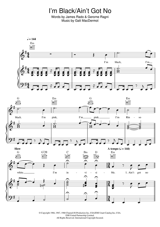 Preview Galt MacDermot I'm Black/Ain't Got No (from 'Hair') Musicals sheet music, notes and chords for Easy Piano, SKU: 121397 sheet music, piano notes, chords, guitar tabs, score, transpose, transcribe, how to play, guide, download, learn, tutorial, progression, song, artist, awards, billboard, mtv, vh1, tour, single, album, release