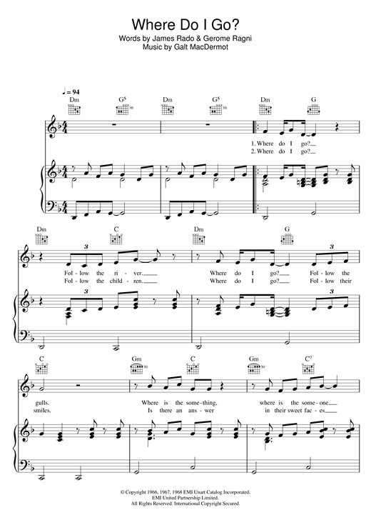 Preview Galt MacDermot Where Do I Go? (from 'Hair') Musicals sheet music, notes and chords for Piano, Vocal & Guitar (Right-Hand Melody), SKU: 120845 sheet music, piano notes, chords, guitar tabs, score, transpose, transcribe, how to play, guide, download, learn, tutorial, progression, song, artist, awards, billboard, mtv, vh1, tour, single, album, release