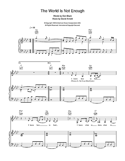 Preview Garbage The World Is Not Enough (theme from the James Bond film) Film and TV sheet music, notes and chords for Piano, Vocal & Guitar, SKU: 18009 sheet music, piano notes, chords, guitar tabs, score, transpose, transcribe, how to play, guide, download, learn, tutorial, progression, song, artist, awards, billboard, mtv, vh1, tour, single, album, release