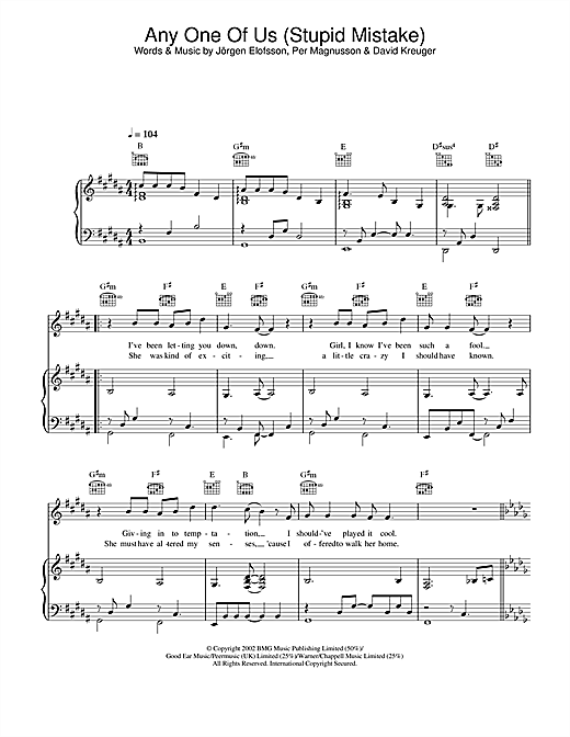 Preview Gareth Gates Any One Of Us (Stupid Mistake) Pop sheet music, notes and chords for Lyrics Only, SKU: 23738 sheet music, piano notes, chords, guitar tabs, score, transpose, transcribe, how to play, guide, download, learn, tutorial, progression, song, artist, awards, billboard, mtv, vh1, tour, single, album, release