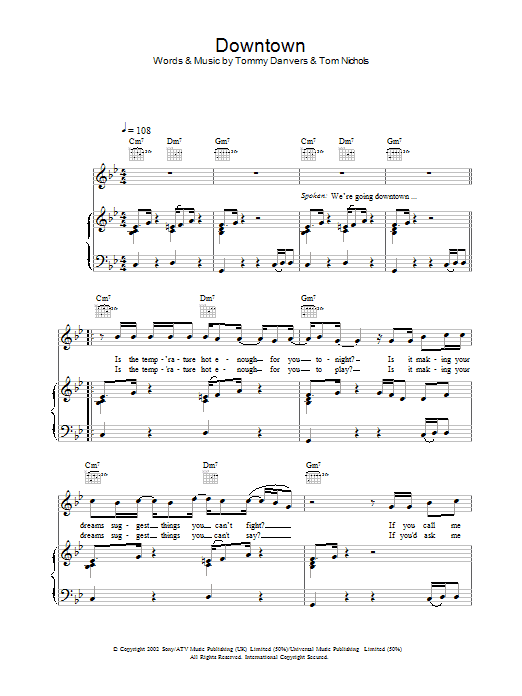 Preview Gareth Gates Downtown Pop sheet music, notes and chords for Piano, Vocal & Guitar, SKU: 21846 Download Gareth Gates Downtown sheet music and printable PDF score & Pop music notes