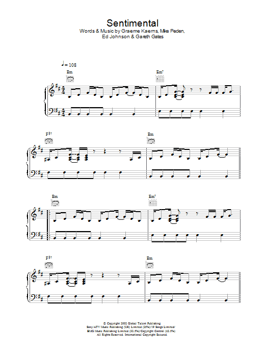 Preview Gareth Gates Sentimental Pop sheet music, notes and chords for Piano, Vocal & Guitar, SKU: 21855 Download Gareth Gates Sentimental sheet music and printable PDF score & Pop music notes