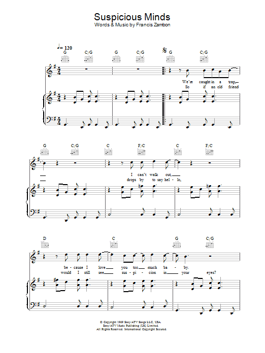 Preview Gareth Gates Suspicious Minds Pop sheet music, notes and chords for Piano, Vocal & Guitar, SKU: 21848 Download Gareth Gates Suspicious Minds sheet music and printable PDF score & Pop music notes