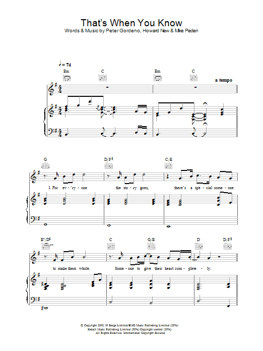 Preview Gareth Gates That's When You Know Pop sheet music, notes and chords for Piano, Vocal & Guitar, SKU: 21850 Download Gareth Gates That's When You Know sheet music and printable PDF score & Pop music notes