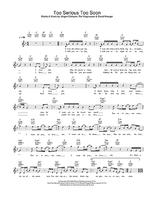 Preview Gareth Gates Too Serious Too Soon Pop sheet music, notes and chords for Piano, Vocal & Guitar, SKU: 21851 Download Gareth Gates Too Serious Too Soon sheet music and printable PDF score & Pop music notes
