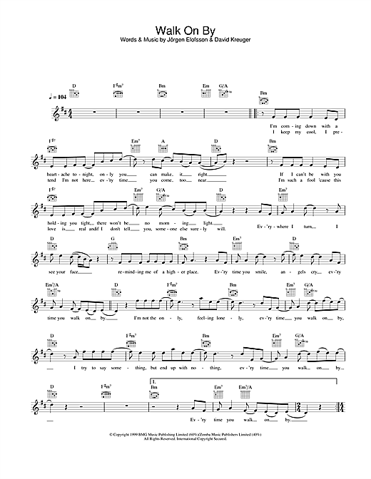 Preview Gareth Gates Walk On By Pop sheet music, notes and chords for Piano, Vocal & Guitar, SKU: 21852 Download Gareth Gates Walk On By sheet music and printable PDF score & Pop music notes