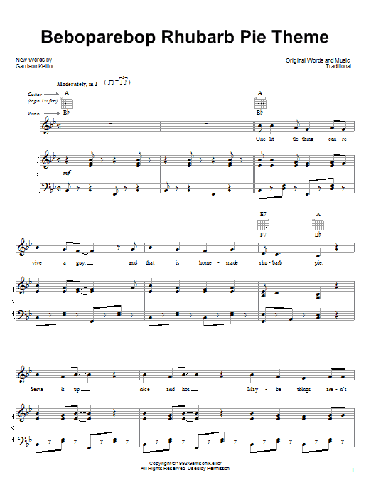 Download Garrison Keillor Beboparebop Rhubarb Pie Theme sheet music and printable PDF score & Musicals music notes