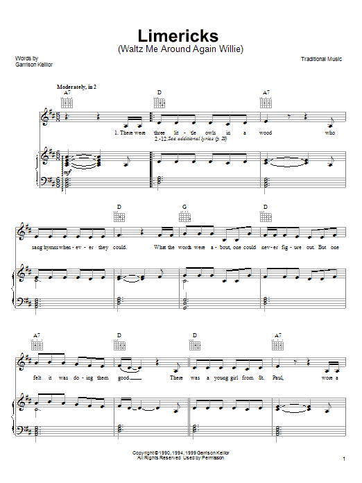 Download Garrison Keillor Limericks (Waltz Me Around Again Willie) sheet music and printable PDF score & Musicals music notes
