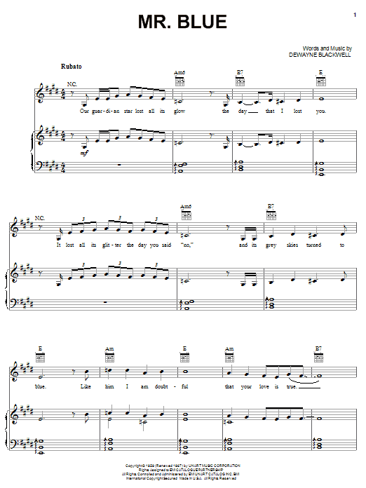 Preview Garth Brooks Mr. Blue Classics sheet music, notes and chords for Piano, Vocal & Guitar (Right-Hand Melody), SKU: 28772 Download Garth Brooks Mr. Blue sheet music and printable PDF score & Classics music notes