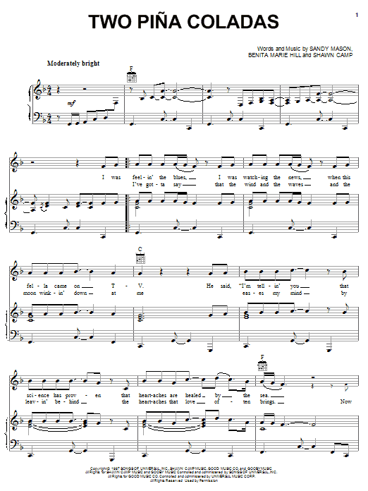 Preview Garth Brooks Two Pina Coladas Country sheet music, notes and chords for Piano, Vocal & Guitar (Right-Hand Melody), SKU: 59173 sheet music, piano notes, chords, guitar tabs, score, transpose, transcribe, how to play, guide, download, learn, tutorial, progression, song, artist, awards, billboard, mtv, vh1, tour, single, album, release