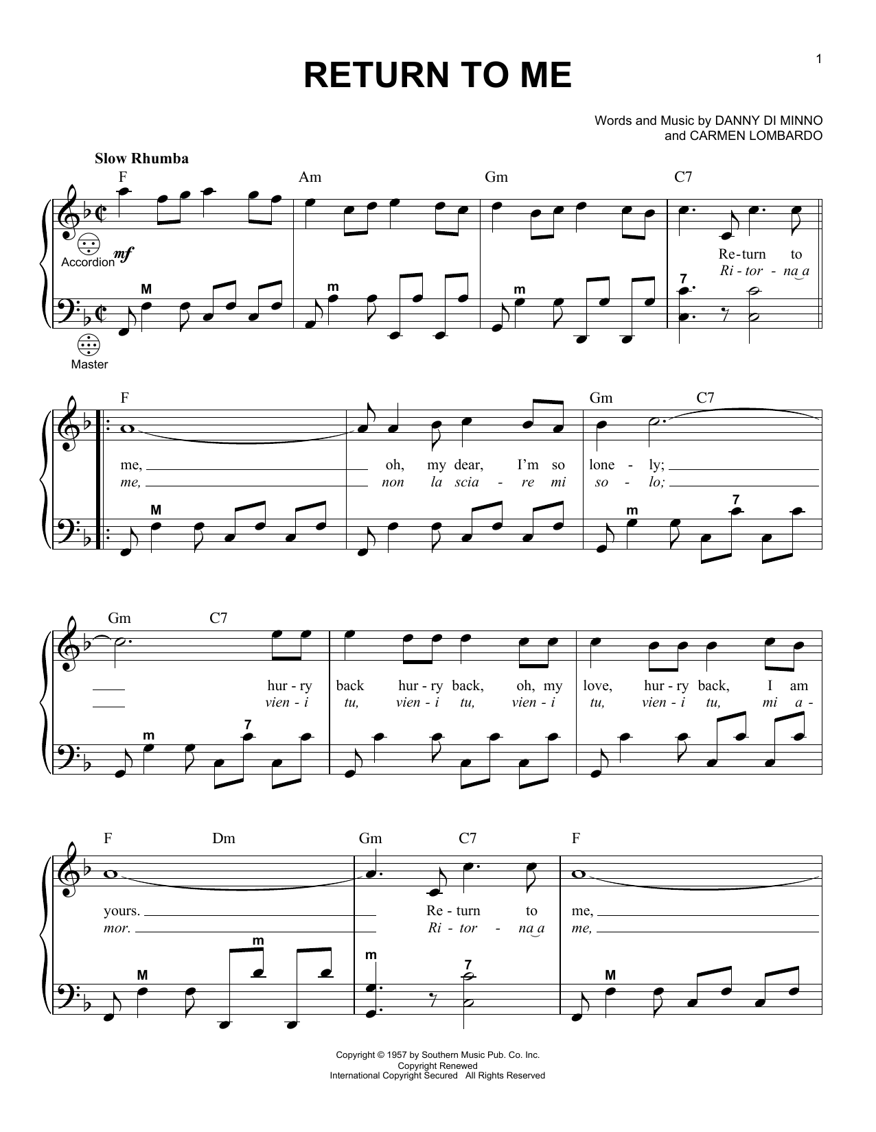 Gary Meisner Return To Me Sheet Music & Chords for Accordion - Download or Print PDF