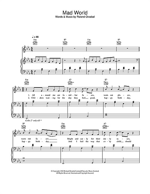 Preview Gary Jules & Michael Andrews Mad World (from Donnie Darko) Pop sheet music, notes and chords for Melody Line, Lyrics & Chords, SKU: 108241 sheet music, piano notes, chords, guitar tabs, score, transpose, transcribe, how to play, guide, download, learn, tutorial, progression, song, artist, awards, billboard, mtv, vh1, tour, single, album, release