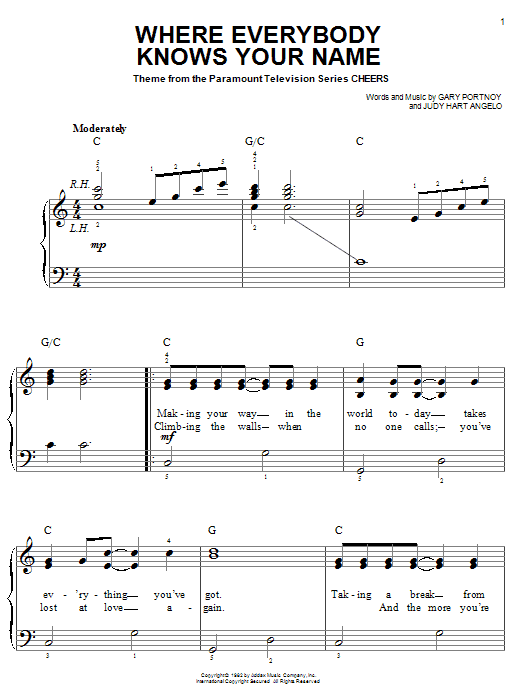 Preview Gary Portnoy Where Everybody Knows Your Name (theme from Cheers) Film and TV sheet music, notes and chords for Easy Piano, SKU: 51933 sheet music, piano notes, chords, guitar tabs, score, transpose, transcribe, how to play, guide, download, learn, tutorial, progression, song, artist, awards, billboard, mtv, vh1, tour, single, album, release