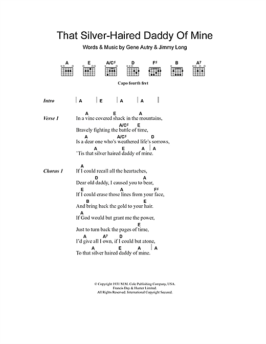 Preview Gene Autry That Silver-Haired Daddy Of Mine Country sheet music, notes and chords for Lyrics & Chords, SKU: 108376 sheet music, piano notes, chords, guitar tabs, score, transpose, transcribe, how to play, guide, download, learn, tutorial, progression, song, artist, awards, billboard, mtv, vh1, tour, single, album, release