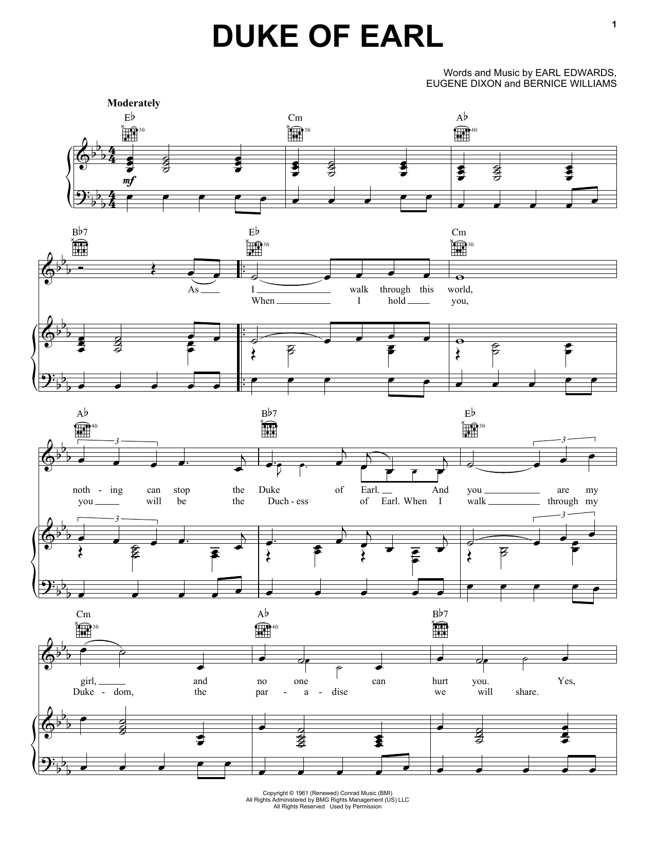 Preview Gene Chandler Duke Of Earl Pop sheet music, notes and chords for Piano, Vocal & Guitar (Right-Hand Melody), SKU: 18253 Download Gene Chandler Duke Of Earl sheet music and printable PDF score & Pop music notes