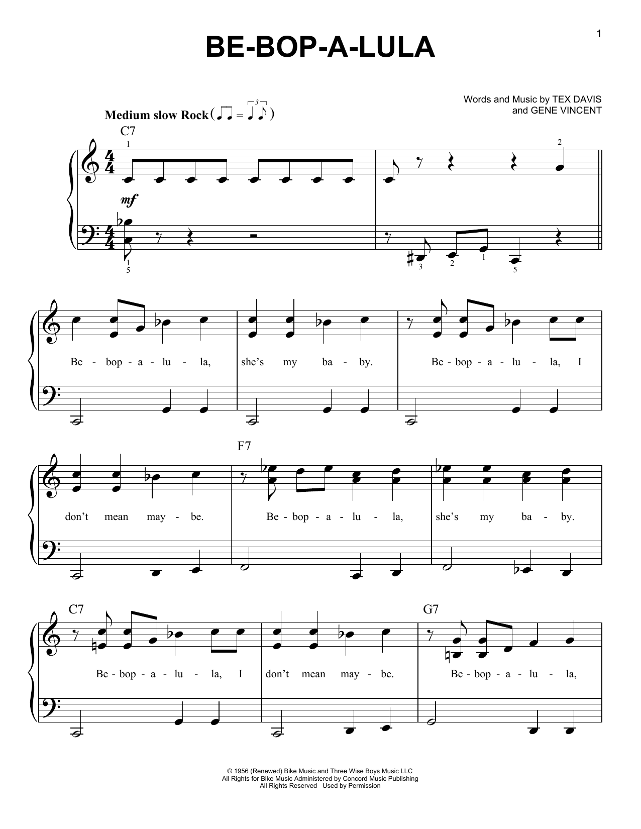Download Gene Vincent Be-Bop-A-Lula sheet music and printable PDF score & Pop music notes