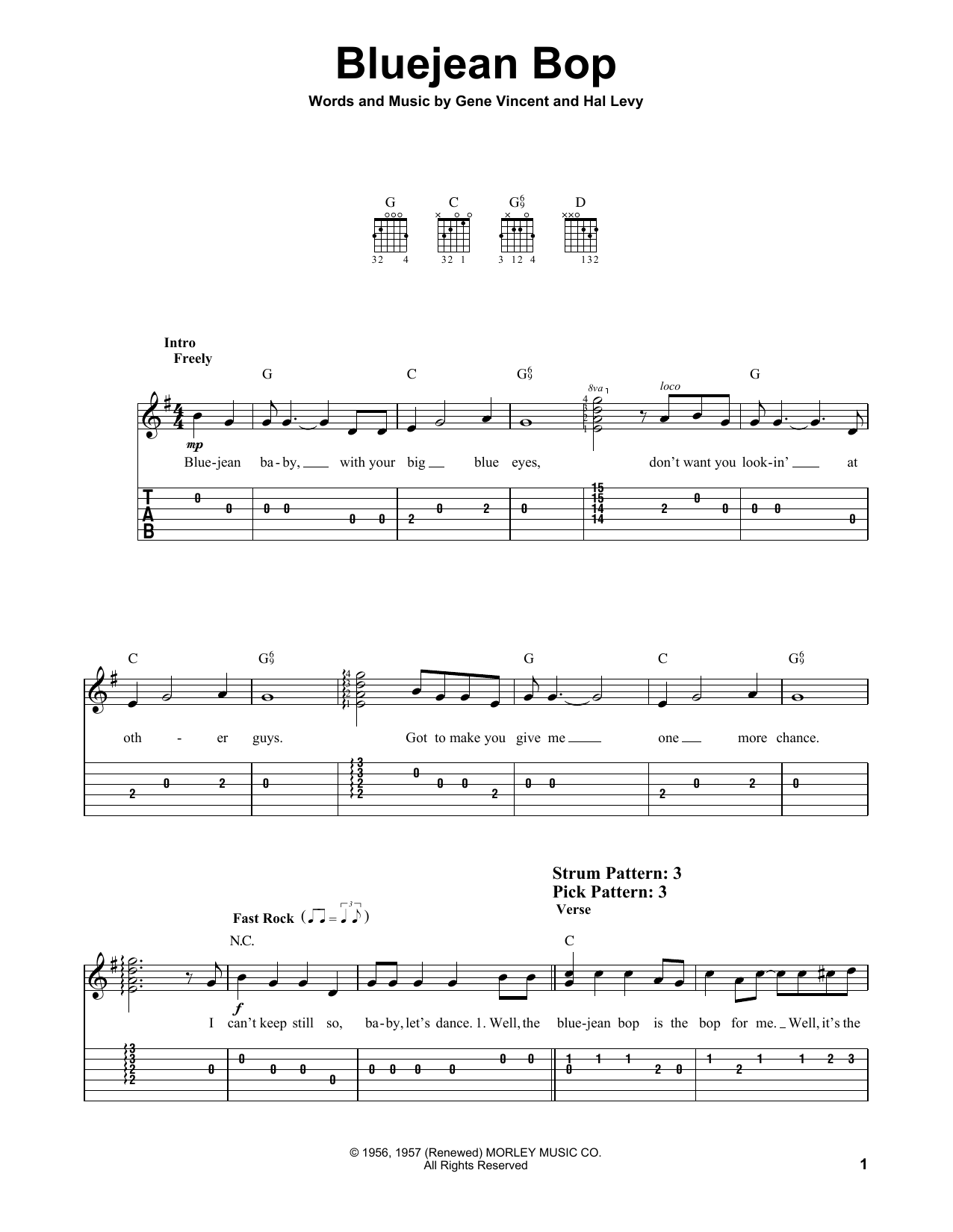 Preview Gene Vincent Bluejean Bop Rock sheet music, notes and chords for Easy Guitar Tab, SKU: 72883 Download Gene Vincent Bluejean Bop sheet music and printable PDF score & Rock music notes