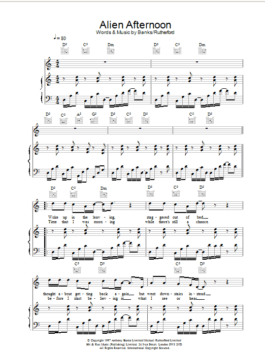 Preview Genesis Alien Afternoon Rock sheet music, notes and chords for Piano, Vocal & Guitar, SKU: 22186 Download Genesis Alien Afternoon sheet music and printable PDF score & Rock music notes