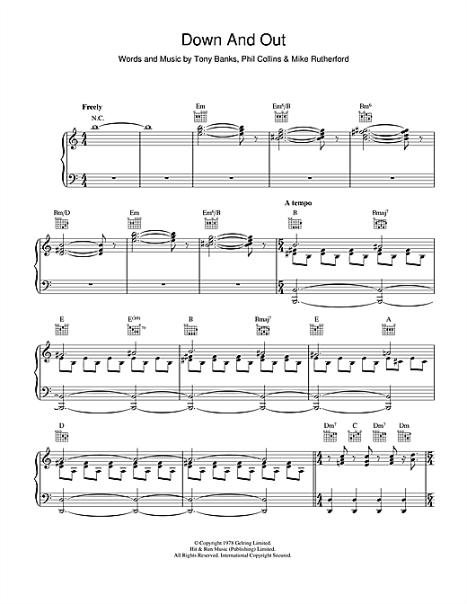 Preview Genesis Down And Out Rock sheet music, notes and chords for Piano, Vocal & Guitar, SKU: 47596 sheet music, piano notes, chords, guitar tabs, score, transpose, transcribe, how to play, guide, download, learn, tutorial, progression, song, artist, awards, billboard, mtv, vh1, tour, single, album, release