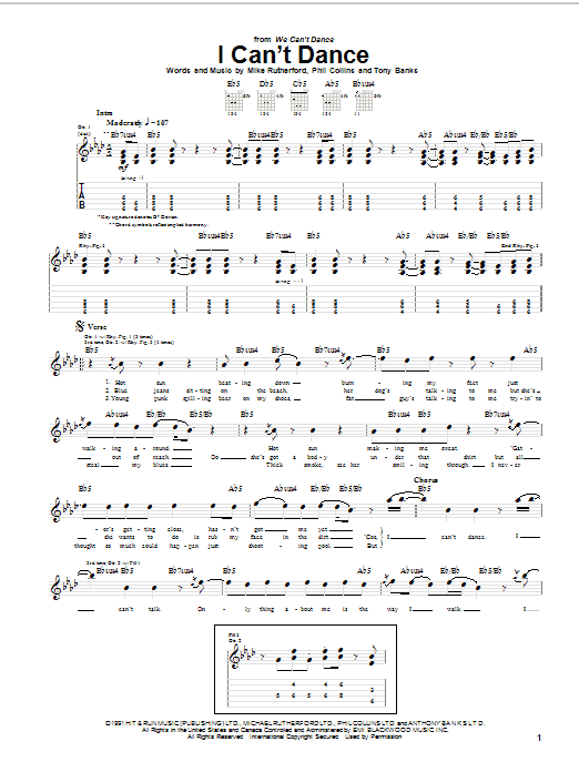 Preview Genesis I Can't Dance Rock sheet music, notes and chords for Guitar Tab, SKU: 21741 Download Genesis I Can't Dance sheet music and printable PDF score & Rock music notes