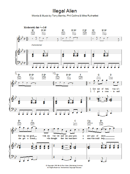 Preview Genesis Illegal Alien Rock sheet music, notes and chords for Piano, Vocal & Guitar, SKU: 47876 Download Genesis Illegal Alien sheet music and printable PDF score & Rock music notes