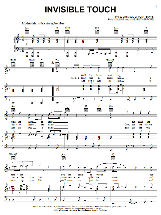 Preview Genesis Invisible Touch Rock sheet music, notes and chords for Piano, Vocal & Guitar (Right-Hand Melody), SKU: 23637 sheet music, piano notes, chords, guitar tabs, score, transpose, transcribe, how to play, guide, download, learn, tutorial, progression, song, artist, awards, billboard, mtv, vh1, tour, single, album, release