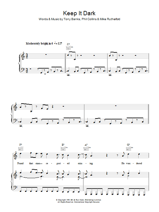 Preview Genesis Keep It Dark Rock sheet music, notes and chords for Piano, Vocal & Guitar (Right-Hand Melody), SKU: 47877 Download Genesis Keep It Dark sheet music and printable PDF score & Rock music notes