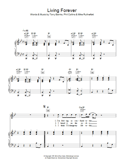 Preview Genesis Living Forever Rock sheet music, notes and chords for Piano, Vocal & Guitar, SKU: 47878 sheet music, piano notes, chords, guitar tabs, score, transpose, transcribe, how to play, guide, download, learn, tutorial, progression, song, artist, awards, billboard, mtv, vh1, tour, single, album, release