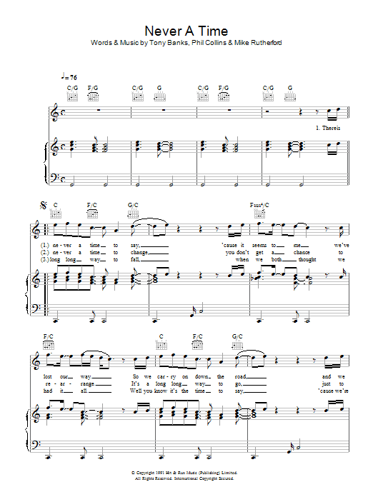 Preview Genesis Never A Time Rock sheet music, notes and chords for Piano, Vocal & Guitar (Right-Hand Melody), SKU: 47985 Download Genesis Never A Time sheet music and printable PDF score & Rock music notes