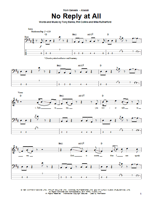 Preview Genesis No Reply At All Rock sheet music, notes and chords for Bass Guitar Tab, SKU: 51241 sheet music, piano notes, chords, guitar tabs, score, transpose, transcribe, how to play, guide, download, learn, tutorial, progression, song, artist, awards, billboard, mtv, vh1, tour, single, album, release
