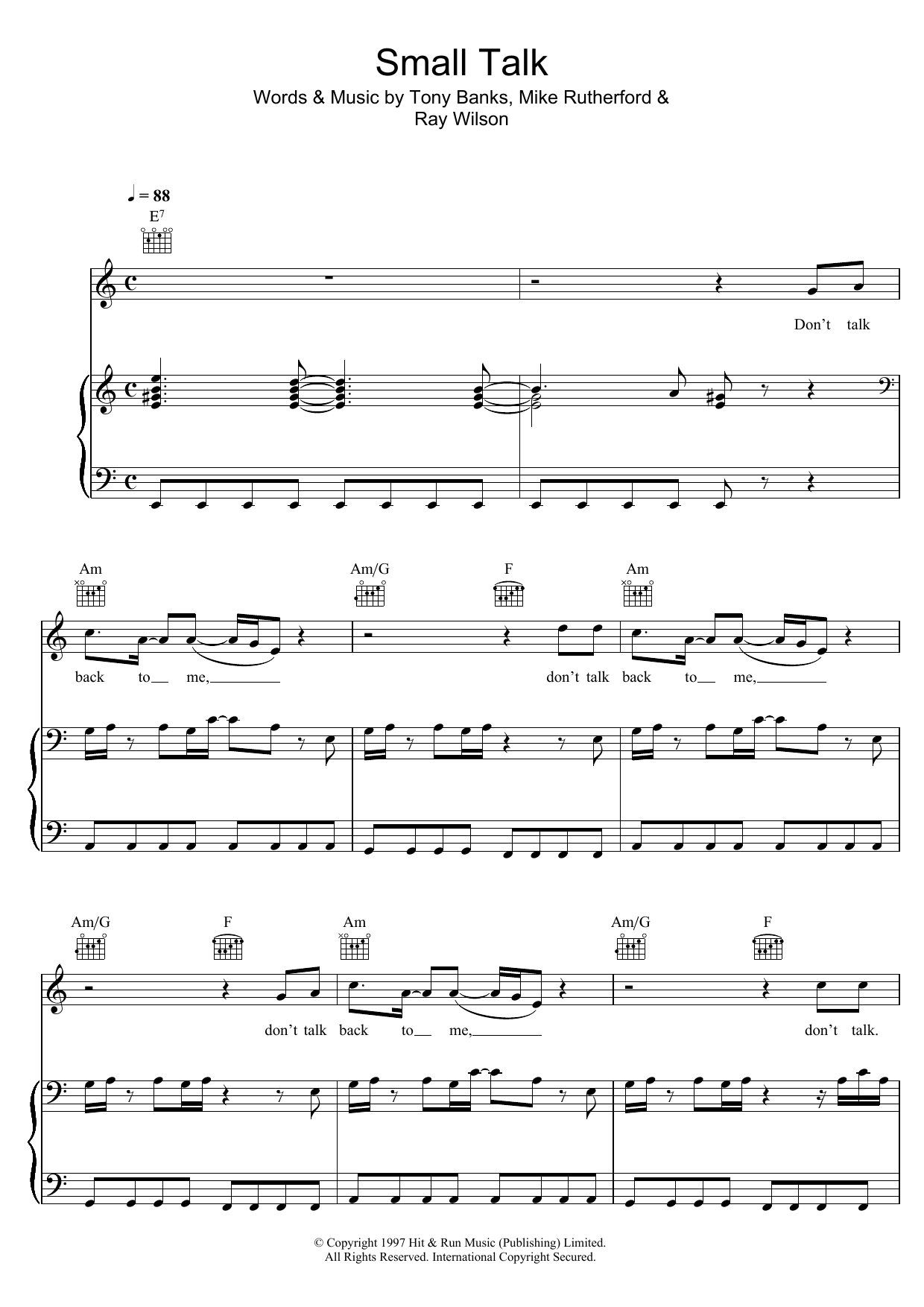 Preview Genesis Small Talk Rock sheet music, notes and chords for Piano, Vocal & Guitar, SKU: 47990 sheet music, piano notes, chords, guitar tabs, score, transpose, transcribe, how to play, guide, download, learn, tutorial, progression, song, artist, awards, billboard, mtv, vh1, tour, single, album, release