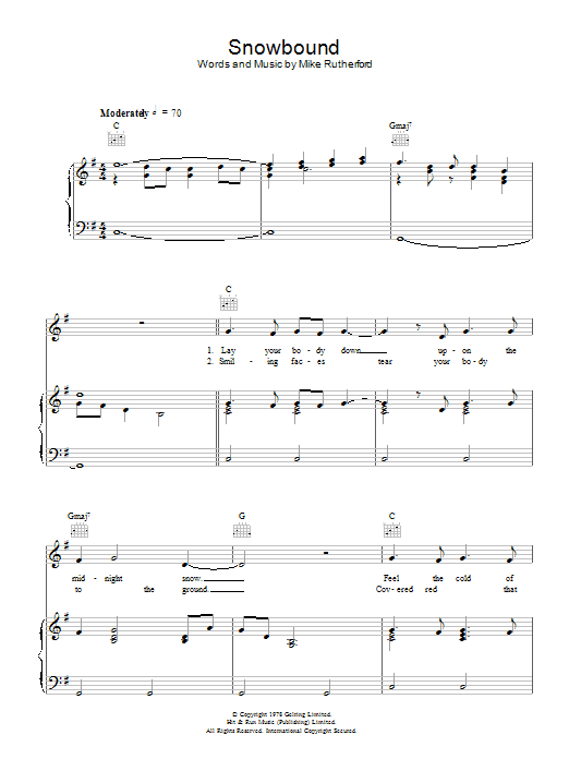 Preview Genesis Snowbound Rock sheet music, notes and chords for Piano, Vocal & Guitar (Right-Hand Melody), SKU: 47991 Download Genesis Snowbound sheet music and printable PDF score & Rock music notes