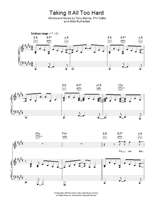 Download Genesis Taking It All Too Hard sheet music and printable PDF score & Rock music notes
