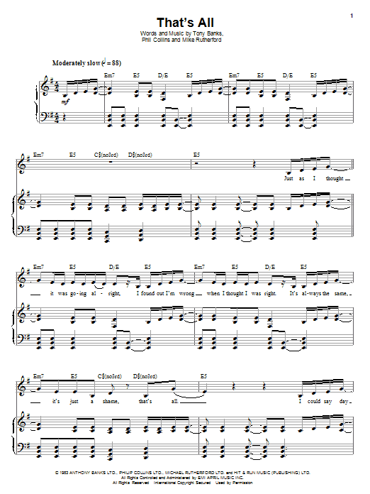 Preview Genesis That's All Rock sheet music, notes and chords for Piano, Vocal & Guitar (Right-Hand Melody), SKU: 62889 Download Genesis That's All sheet music and printable PDF score & Rock music notes