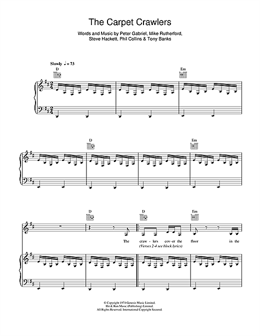 Preview Genesis The Carpet Crawlers Rock sheet music, notes and chords for Piano, Vocal & Guitar, SKU: 47595 sheet music, piano notes, chords, guitar tabs, score, transpose, transcribe, how to play, guide, download, learn, tutorial, progression, song, artist, awards, billboard, mtv, vh1, tour, single, album, release