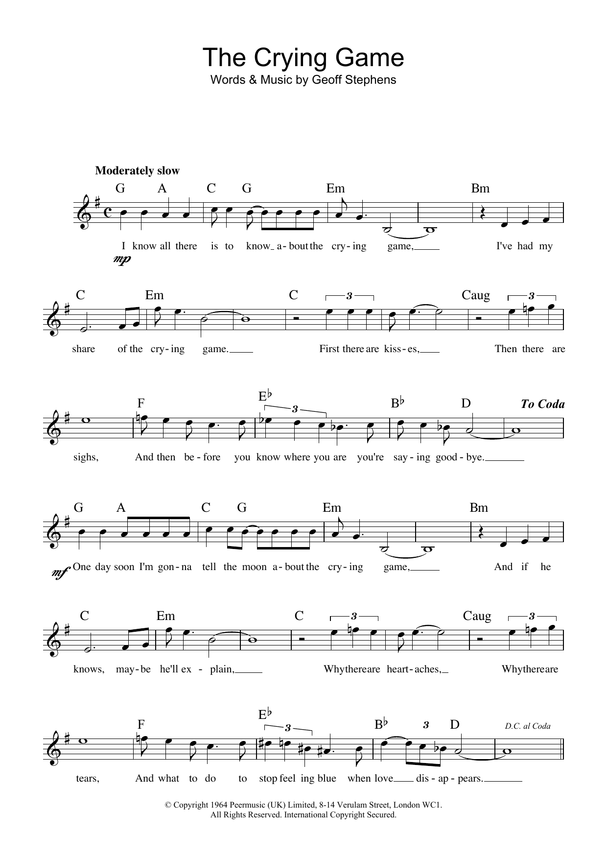 Download Geoff Stephens The Crying Game sheet music and printable PDF score & Film and TV music notes