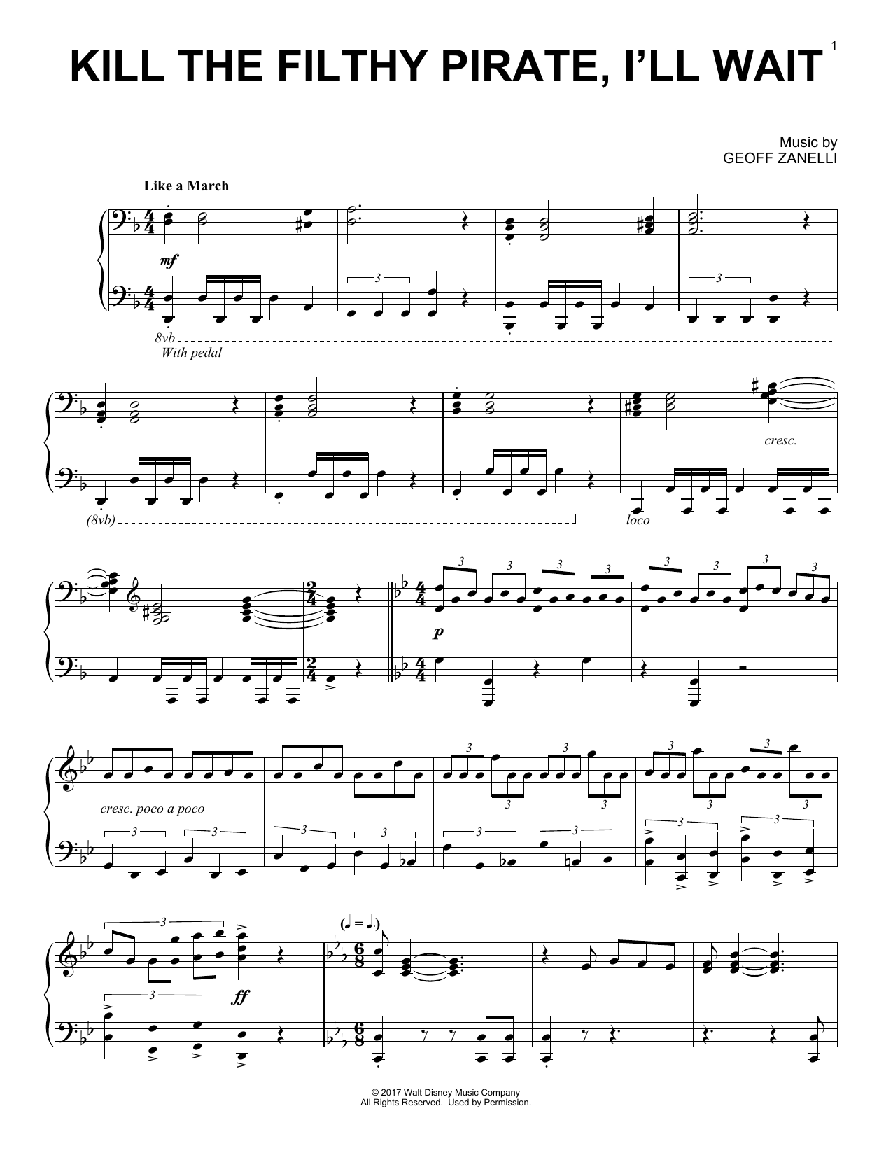 Preview Geoff Zanelli Kill The Filthy Pirate, I'll Wait Film and TV sheet music, notes and chords for Piano, SKU: 185969 sheet music, piano notes, chords, guitar tabs, score, transpose, transcribe, how to play, guide, download, learn, tutorial, progression, song, artist, awards, billboard, mtv, vh1, tour, single, album, release