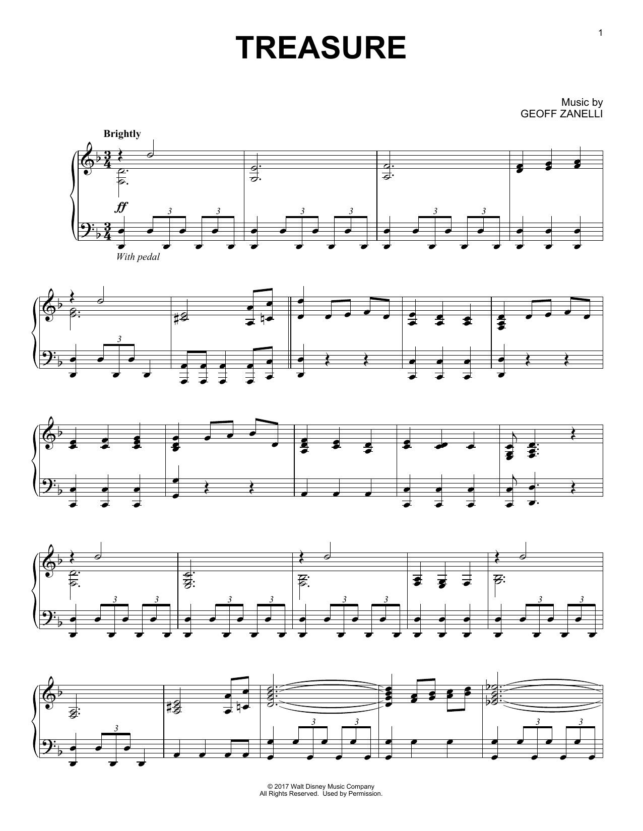 Preview Geoff Zanelli Treasure Film and TV sheet music, notes and chords for Piano, SKU: 185963 Download Geoff Zanelli Treasure sheet music and printable PDF score & Film and TV music notes
