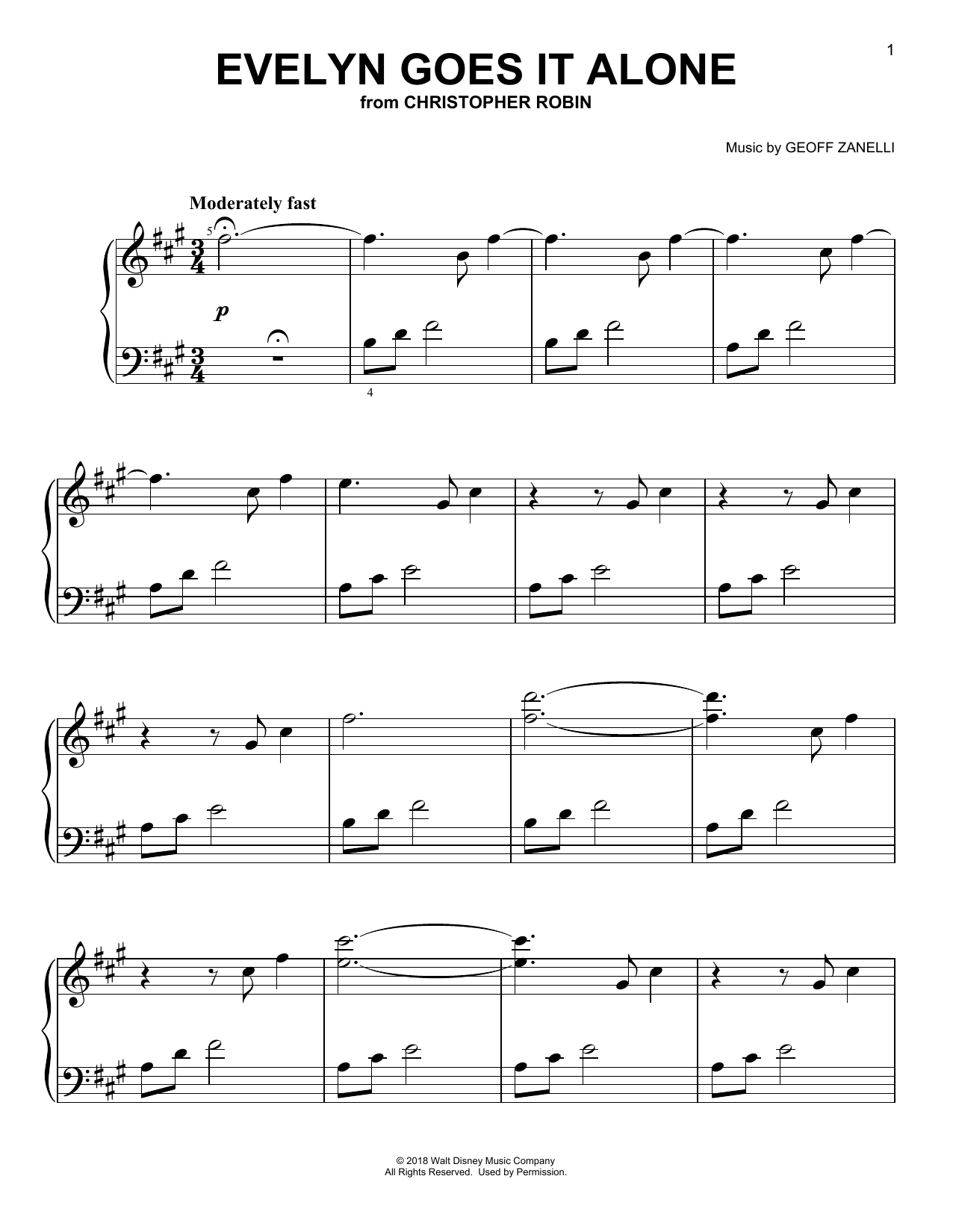 Preview Geoff Zanelli & Jon Brion Evelyn Goes It Alone (from Christopher Robin) Children sheet music, notes and chords for Piano Solo, SKU: 402977 sheet music, piano notes, chords, guitar tabs, score, transpose, transcribe, how to play, guide, download, learn, tutorial, progression, song, artist, awards, billboard, mtv, vh1, tour, single, album, release