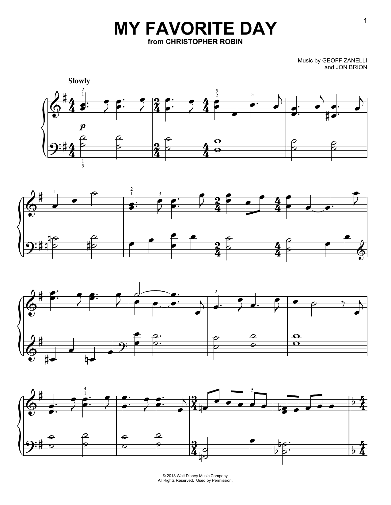 Preview Geoff Zanelli & Jon Brion My Favorite Day (from Christopher Robin) Children sheet music, notes and chords for Piano Solo, SKU: 402980 sheet music, piano notes, chords, guitar tabs, score, transpose, transcribe, how to play, guide, download, learn, tutorial, progression, song, artist, awards, billboard, mtv, vh1, tour, single, album, release