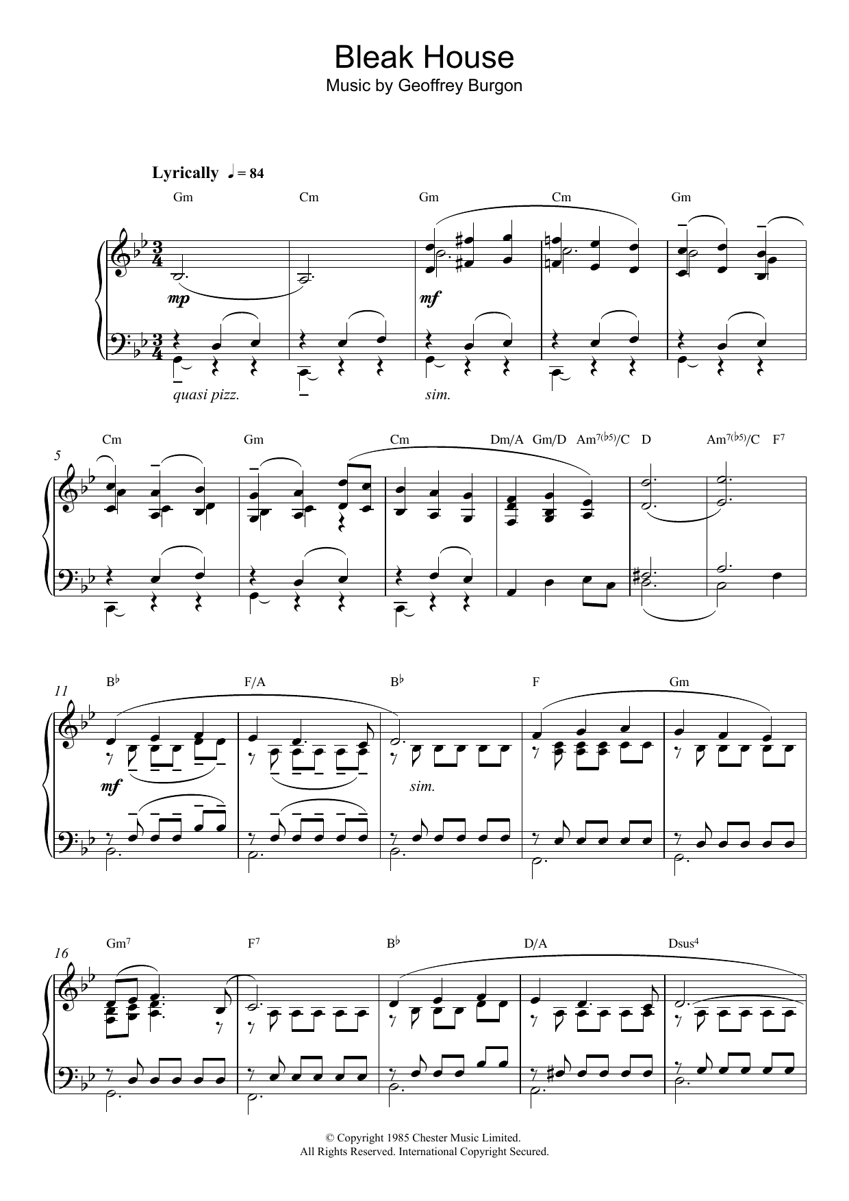 Preview Geoffrey Burgon Theme from Bleak House Film and TV sheet music, notes and chords for Piano, SKU: 117615 Download Geoffrey Burgon Theme from Bleak House sheet music and printable PDF score & Film and TV music notes