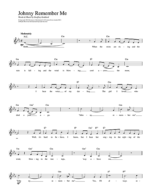 Download Geoffrey Goddard Johnny Remember Me sheet music and printable PDF score & Pop music notes