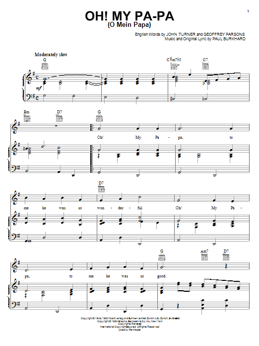 Preview Geoffrey Parsons Oh! My Pa-Pa (O Mein Papa) Pop sheet music, notes and chords for Piano, Vocal & Guitar (Right-Hand Melody), SKU: 18123 sheet music, piano notes, chords, guitar tabs, score, transpose, transcribe, how to play, guide, download, learn, tutorial, progression, song, artist, awards, billboard, mtv, vh1, tour, single, album, release