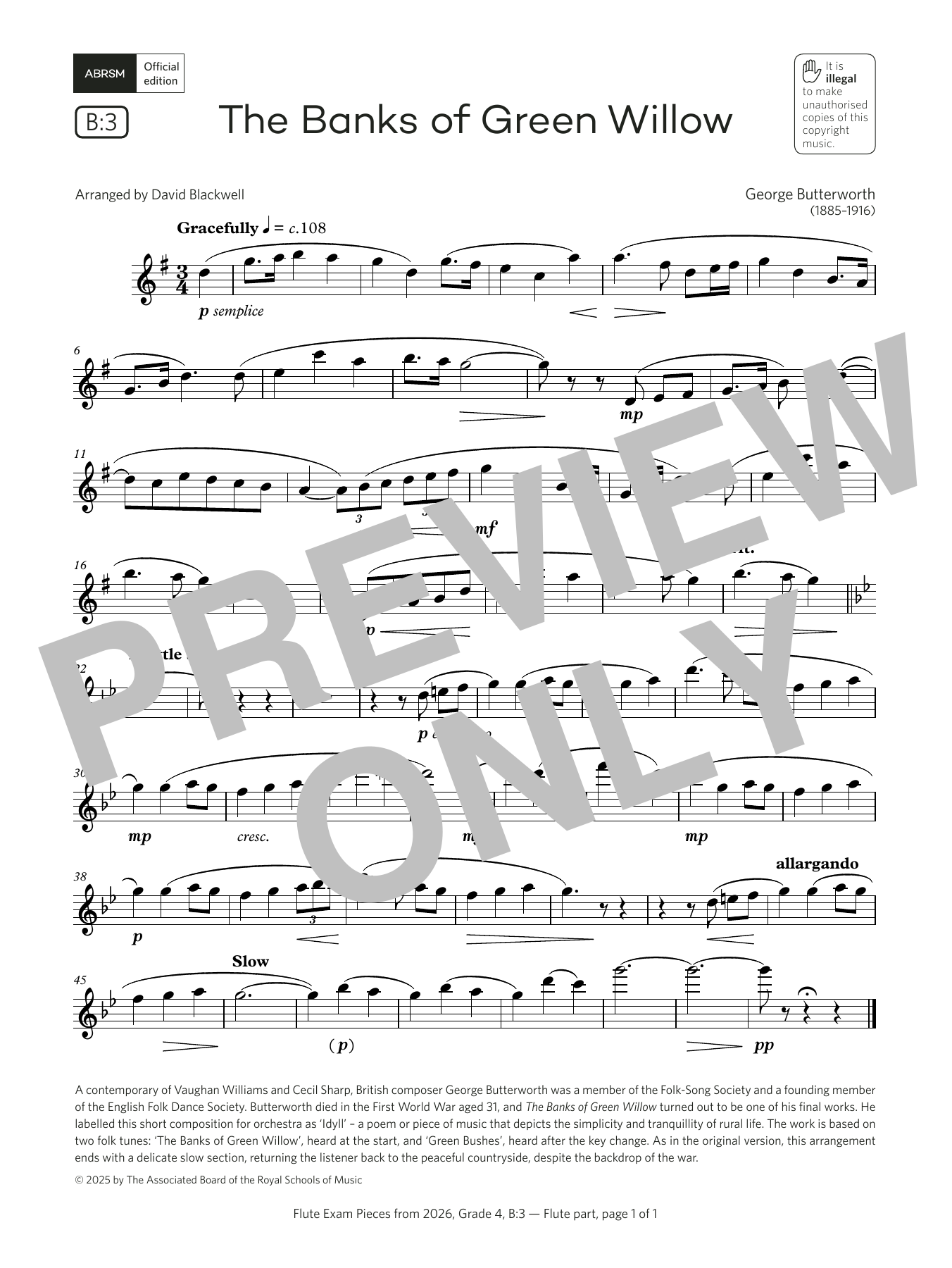 George Butterworth The Banks of Green Willow (Grade 4, list B3, from the ABRSM Flute Syllabus from 2026) Sheet Music & Chords for Flute Solo - Download or Print PDF
