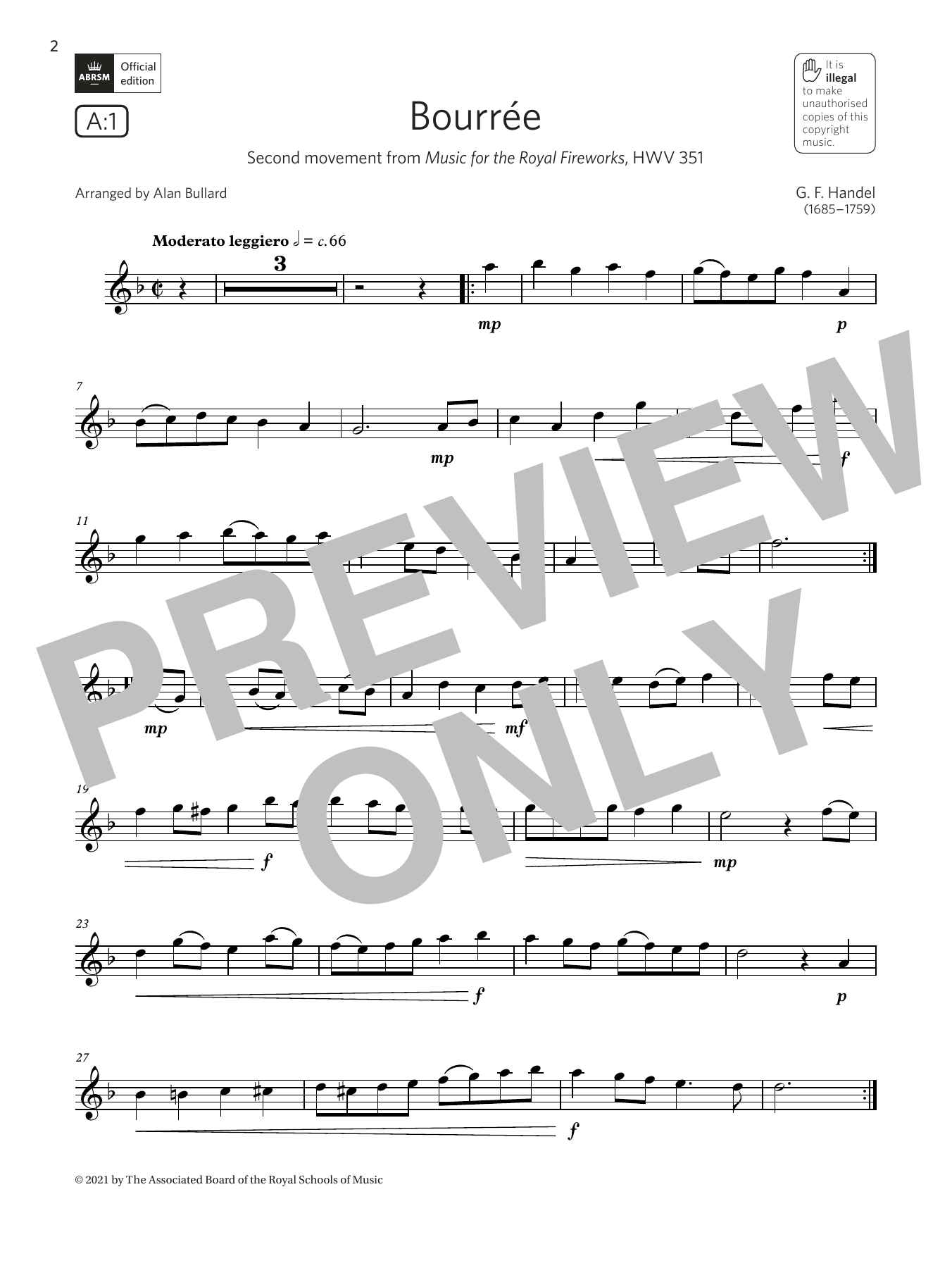 George Frideric Handel Bourrée (from Music for the Royal Fireworks)(Grade 2 A1, the ABRSM Saxophone syllabus from 2022) Sheet Music & Chords for Alto Sax Solo - Download or Print PDF