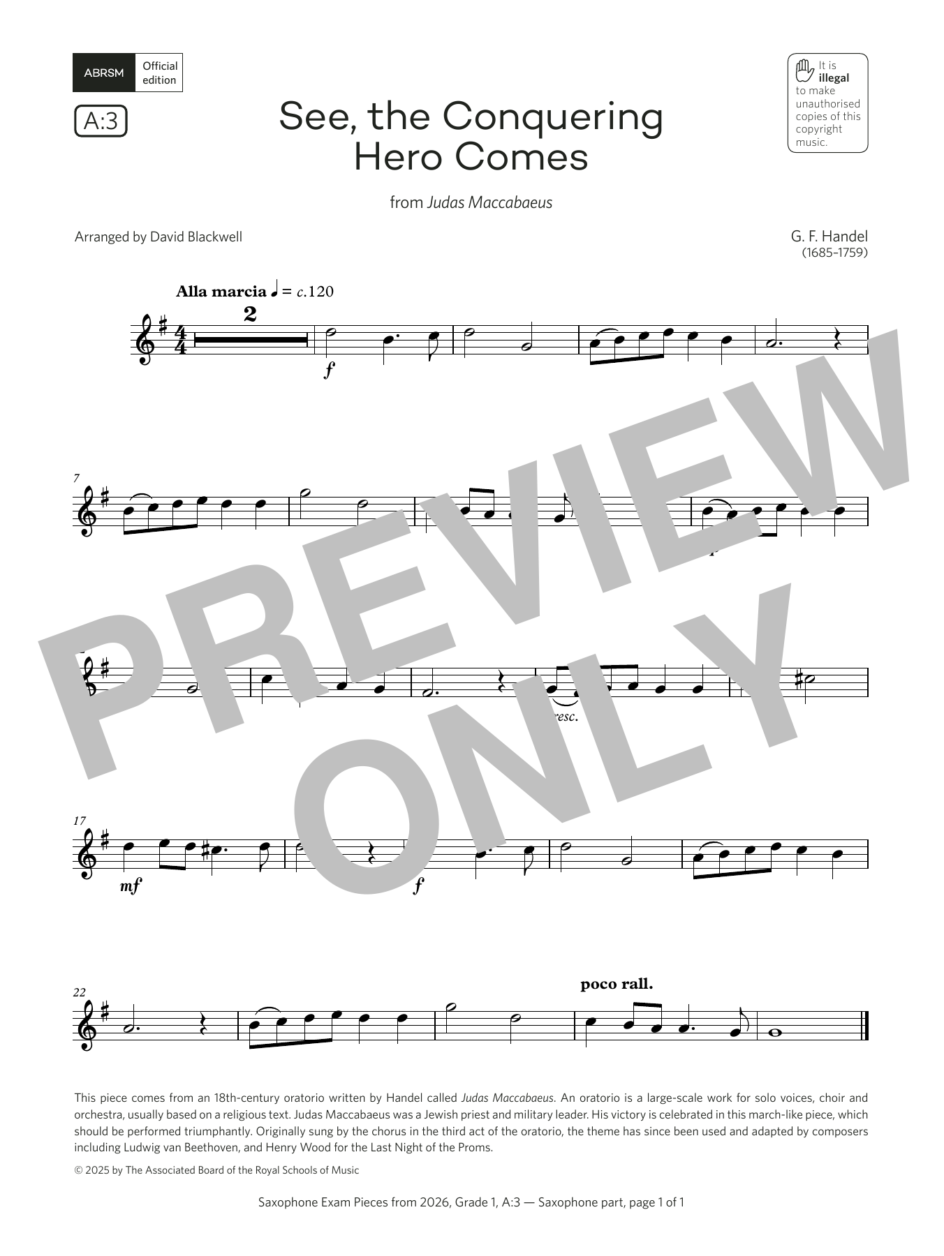 George Frideric Handel See, the Conquering (Grade 1, list A3, from the ABRSM Saxophone Syllabus from 2026) Sheet Music & Chords for Alto Sax Solo - Download or Print PDF