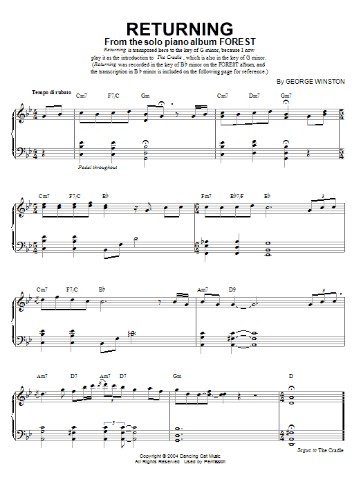 George Winston Returning Sheet Music & Chords for Piano - Download or Print PDF